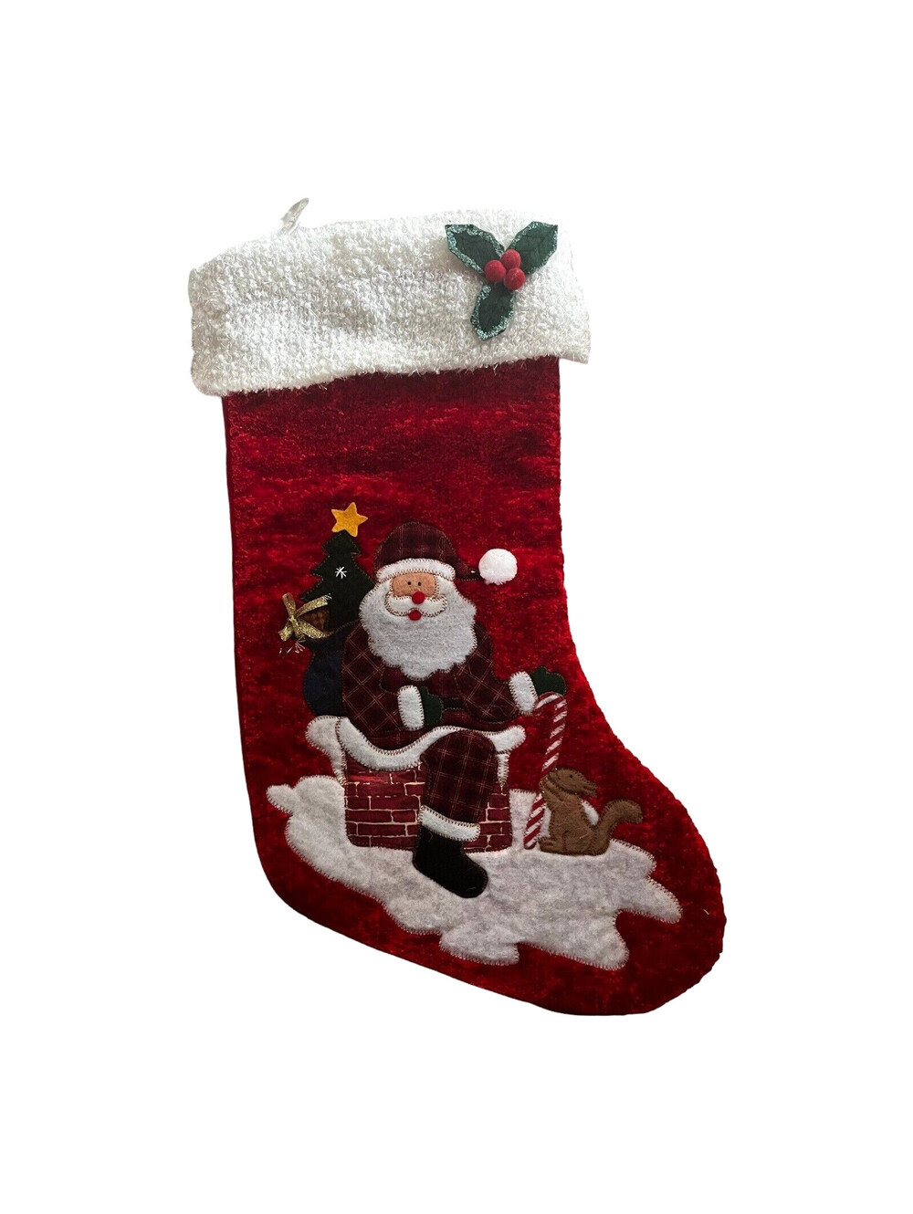 Large Santa on Rooftop Christmas Stocking Applique Red 23 inch Soft